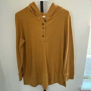 J.Jill Mustard Yellow Textured Rib Knit Button-Front Henley Hoodie Tunic  Size M